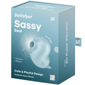 Packaging del Satisfyer Sassy Seal - elegante scatola blu con dettagli del prodotto.