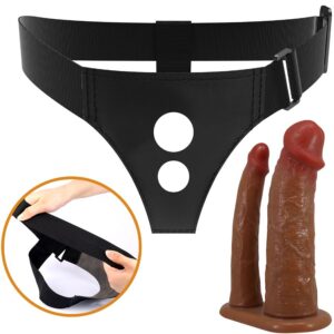 Strap on doppio dildo Pretty Love marrone con imbracatura nera a due aperture