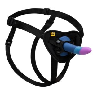 Imbracatura nera ROMP Piccolo con dildo tricolore blu, azzurro e viola montato