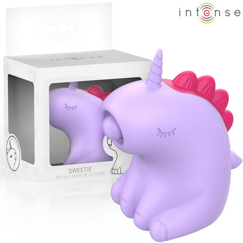 Stimolatore Intense Sweetie - Unicorno lilla con packaging elegante sullo sfondo.